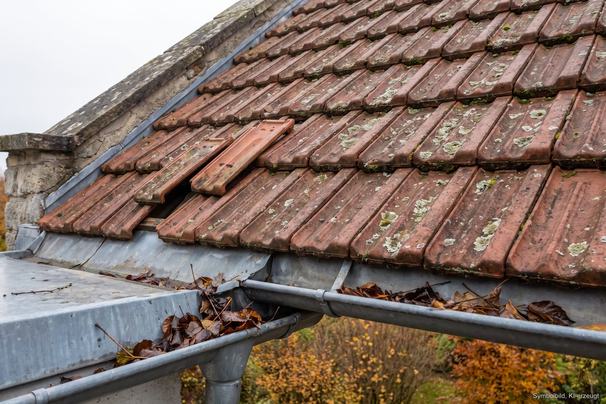 Ziegeldach im Herbst von schräg oben: zwei verschobene Dachpfannen am Rand, Flechten auf den Ziegeln und nasses Laub in der Dachrinne (KI-erzeugtes Symbolbild)