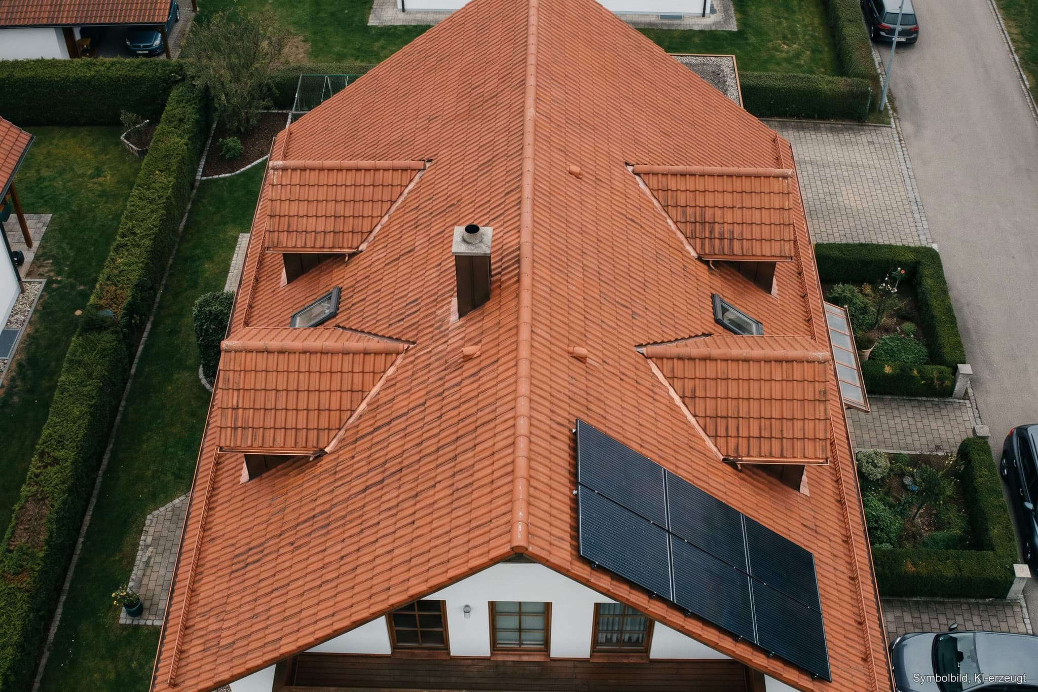 Senkrechte Luftaufnahme eines Satteldachs mit Gauben, Schornstein, Kehlen und einer Photovoltaikfläche (KI-erzeugtes Symbolbild)