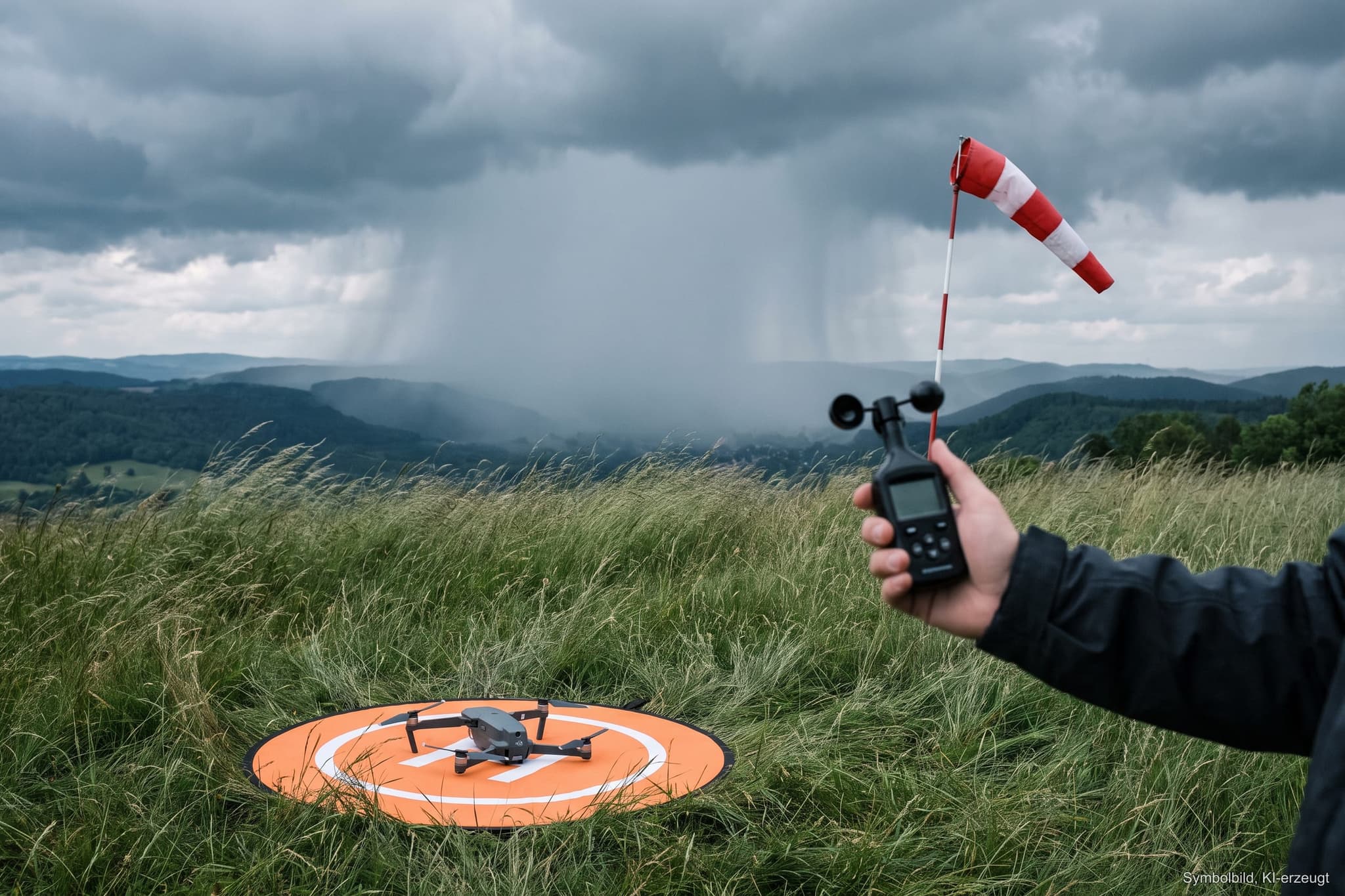 Drohne auf einem orangefarbenen Landeplatz im Gras, ein Windsack im starken Wind, eine Hand mit Windmesser, dahinter ein Regenschauer über den Hügeln (KI-erzeugtes Symbolbild)