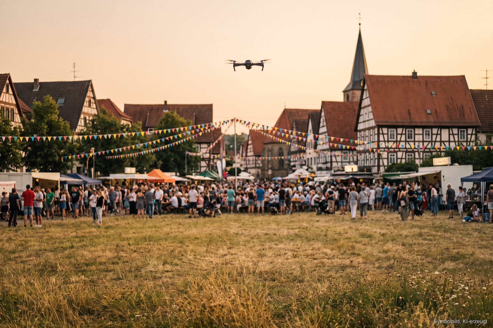 Drohne über einer leeren Wiese, in der Ferne ein Stadtfest mit dichtem Publikum zwischen Fachwerkhäusern (KI-erzeugtes Symbolbild)