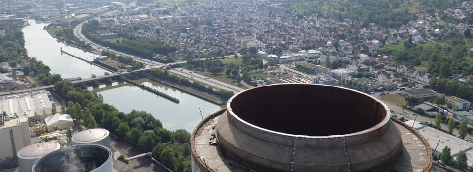 EnBW, Kamininspektion im Kraftwerk, Region Stuttgart, Luftaufnahme